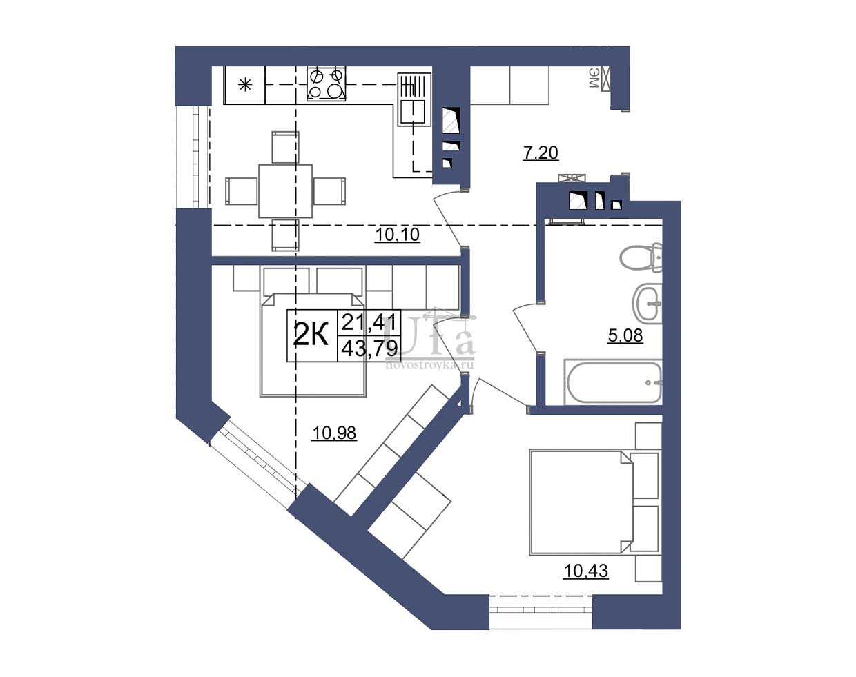 Купить 2-комнатную квартиру 43.79 кв.м. в ЖК Космос