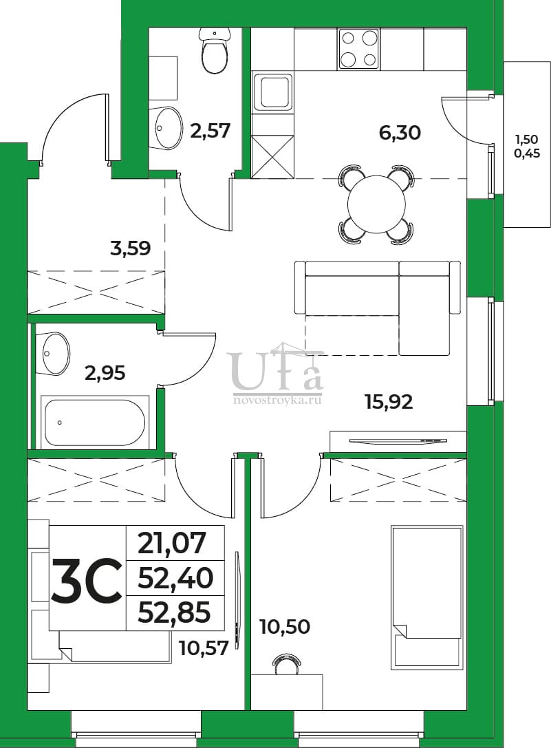 Купить 3-комнатную квартиру 52.85 кв.м. в Жилой комплекс 