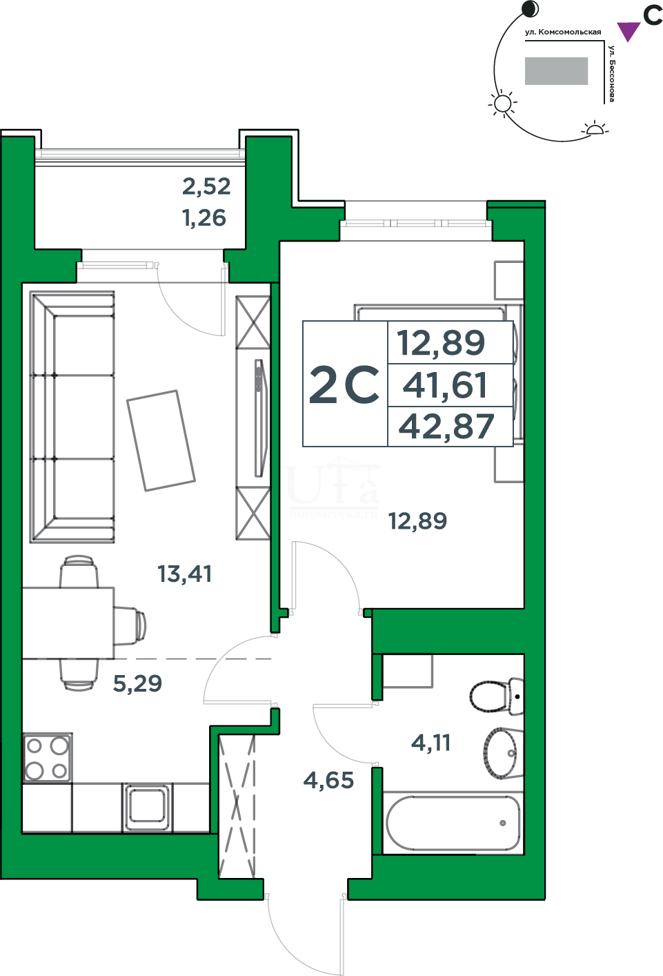 Купить 2-комнатную квартиру 41.61 кв.м. в ЖК Сапфир