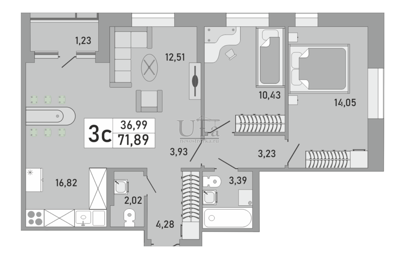 Купить 3-комнатную квартиру 71.89 кв.м. в ЖК Платинум