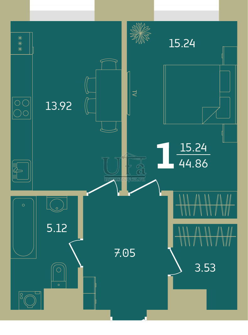 Купить 1-комнатную квартиру 44.86 кв.м. в ЖК Централ Парк