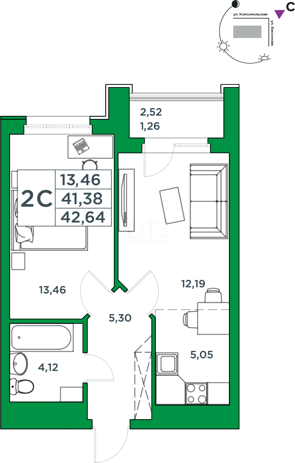 Купить 2-комнатную квартиру 41.38 кв.м. в ЖК Сапфир