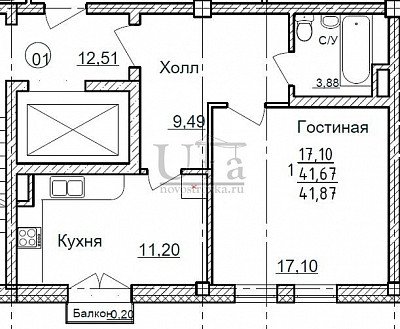 Купить 1-комнатную квартиру 41.87 кв.м. в Апарт-комплекс «Золотой Берег»