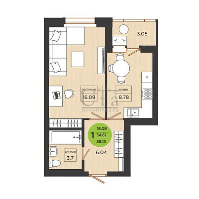Купить 1-комнатную квартиру 36.13 кв.м. в ЖК Семь Звезд