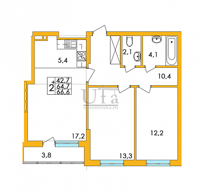Купить 2-комнатную квартиру 67.0 кв.м. в Акварель