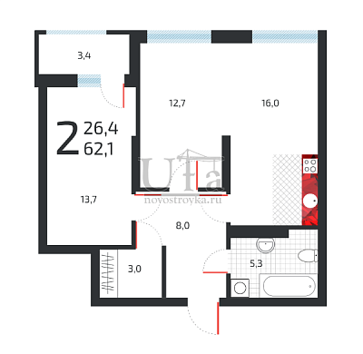 Купить 2-комнатную квартиру 62.2 кв.м. в Апарт-квартал "Самоцветы"