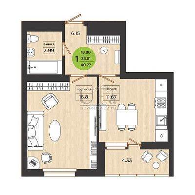 Купить 1-комнатную квартиру 40.77 кв.м. в ЖК Семь Звезд