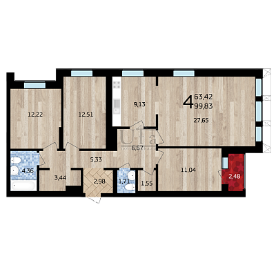 Купить 4-комнатную квартиру 99.83 кв.м. в ЖК Уфимский Кремль