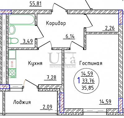 Купить 1-комнатную квартиру 35.85 кв.м. в кузнецовский затон, мкр, группа жилых домов