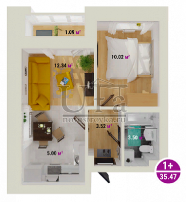 Купить 1-комнатную квартиру 35.47 кв.м. в ЖК "Цветы Башкирии" (ЗАО «ФСК Архстройинвестиции»)