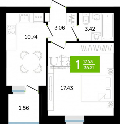 Купить 1-комнатную квартиру 36.21 кв.м. в ЖК Белые Росы