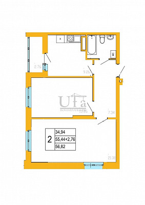 Купить 2-комнатную квартиру 56.82 кв.м. в Акварель
