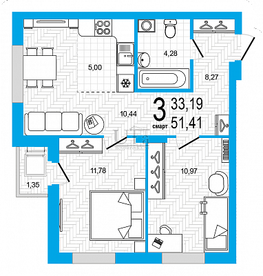 Купить 3-комнатную квартиру 51.41 кв.м. в Микрорайон "Яркий"