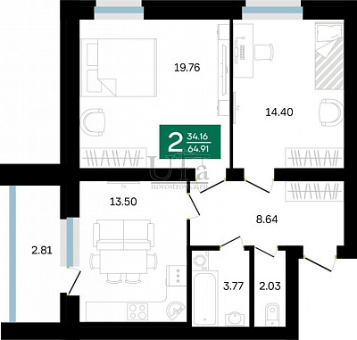 Купить 2-комнатную квартиру 64.91 кв.м. в ЖК Белые Росы