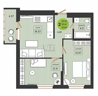 Купить 2-комнатную квартиру 55.6 кв.м. в ЖК Семь Звезд