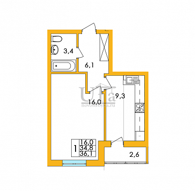 Купить 1-комнатную квартиру 35.5 кв.м. в Акварель