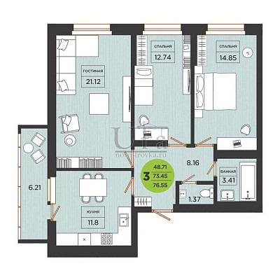 Купить 3-комнатную квартиру 76.55 кв.м. в ЖК Семь Звезд
