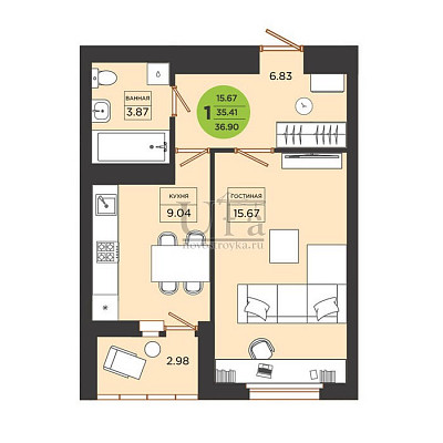 Купить 1-комнатную квартиру 36.9 кв.м. в ЖК Семь Звезд