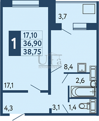Купить 1-комнатную квартиру 38.75 кв.м. в ЖК «Новая Дёма»