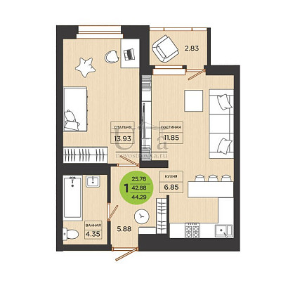 Купить 1-комнатную квартиру 44.29 кв.м. в ЖК Семь Звезд