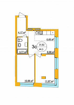 Купить 3-комнатную квартиру 44.3 кв.м. в ЖК "Аксаковский" 