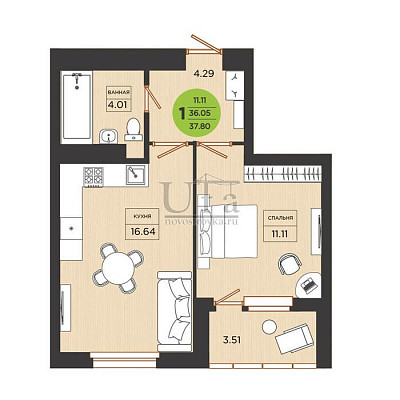 Купить 1-комнатную квартиру 37.8 кв.м. в ЖК Семь Звезд