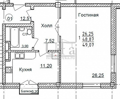 Купить 1-комнатную квартиру 49.07 кв.м. в Апарт-комплекс «Золотой Берег»